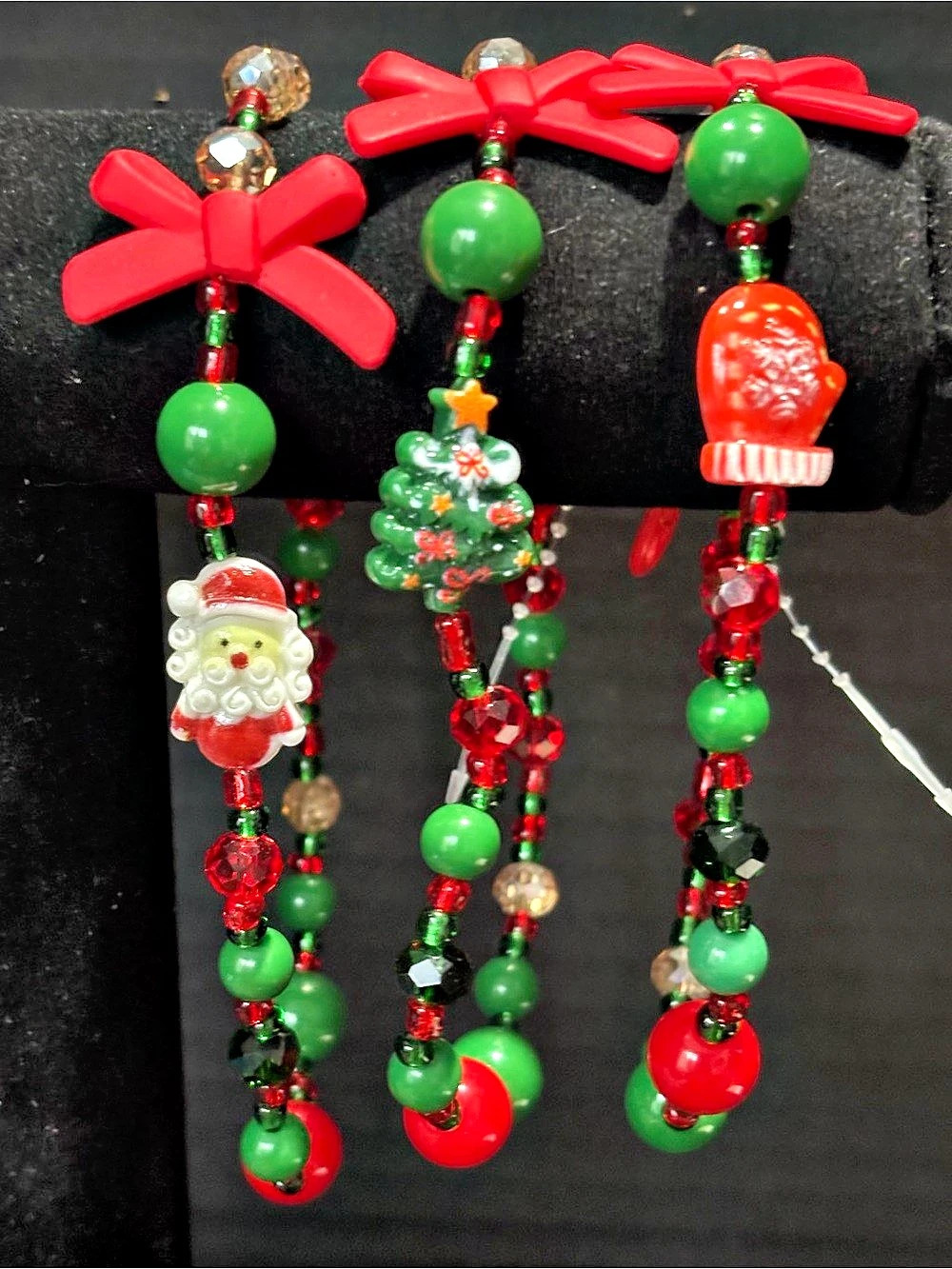Holiday Red & Green Beaded Bag Charm Bracelet 3pc Bundle